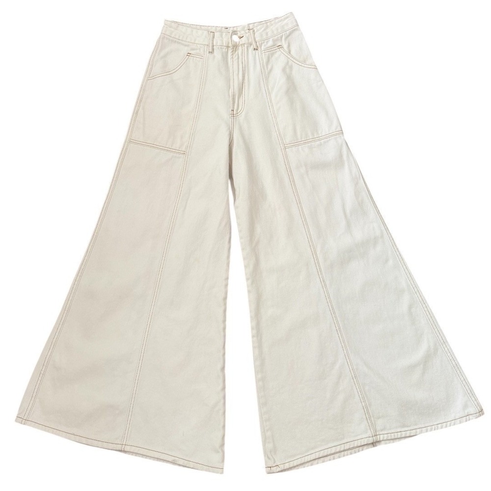 FARM Rio Jeans Womens M Wide Leg Super Flare High Rise Cream Stitched Denim